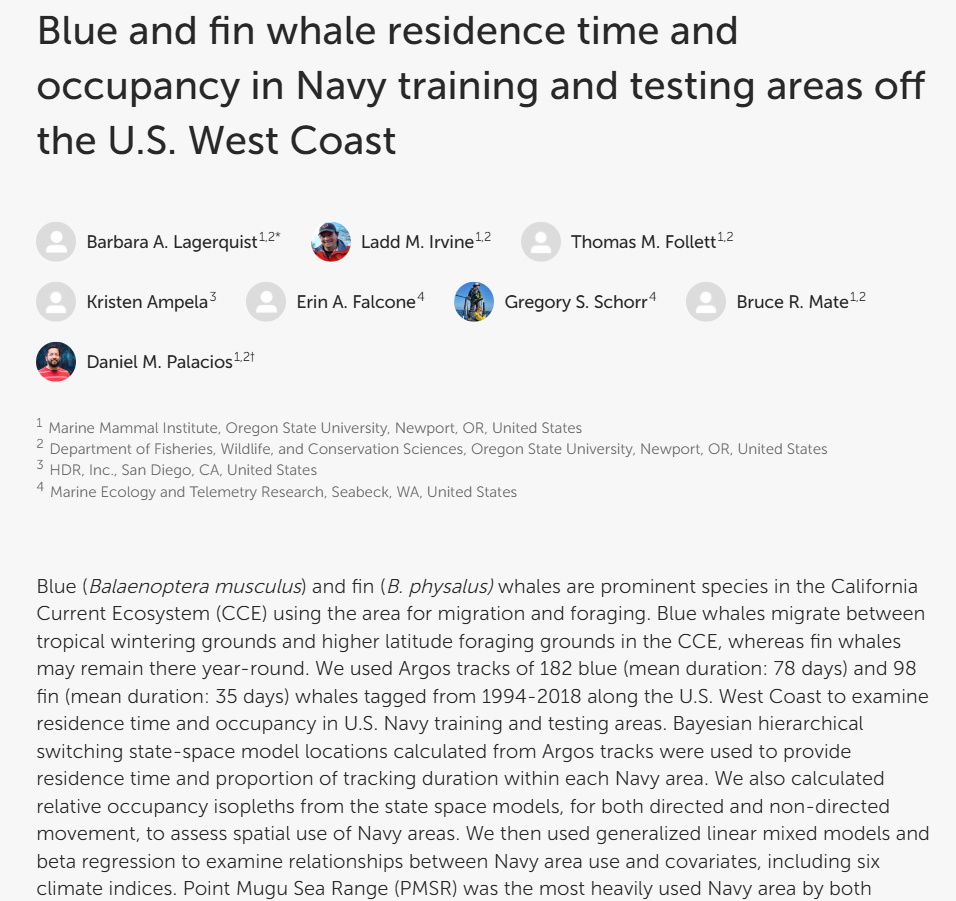 Blue and fin whale residence time and occupancy in Navy training and testing areas off the US West Coast thumbnail image