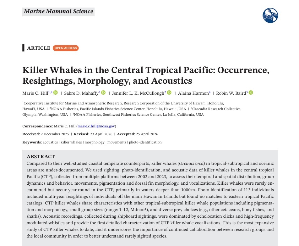 Killer Whales in the Central Tropical Pacific: Occurrence, Resightings, Morphology, and Acoustics thumbnail image