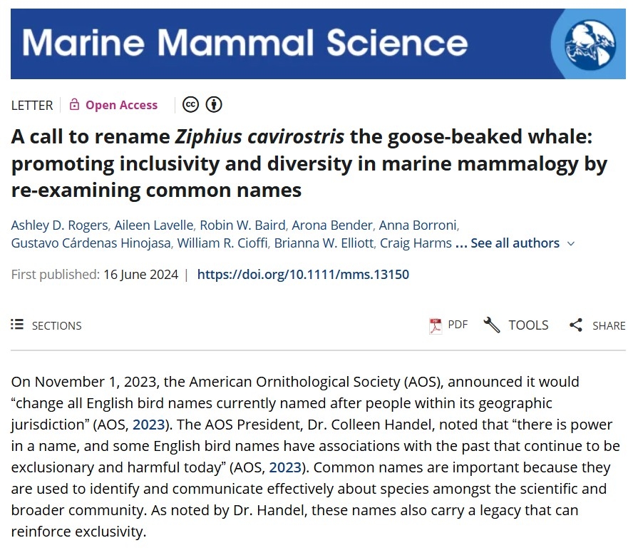 A call to rename Ziphius cavirostris the goose-beaked whale: promoting inclusivity and diversity in marine mammalogy by re-examining common names thumbnail image