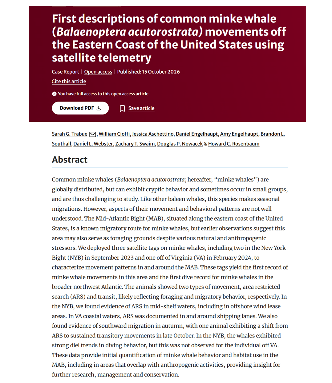 First descriptions of common minke whale (Balaenoptera acutorostrata) movements off the Eastern Coast of the United States using satellite telemetry thumbnail image